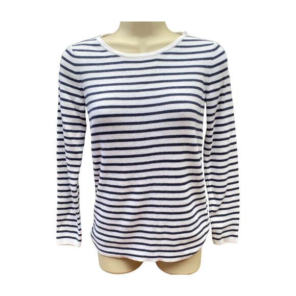 L.L.Bean Size S White Navy Striped Blend Ribbed Pullover Sweater Nautical - Picture 1 of 9